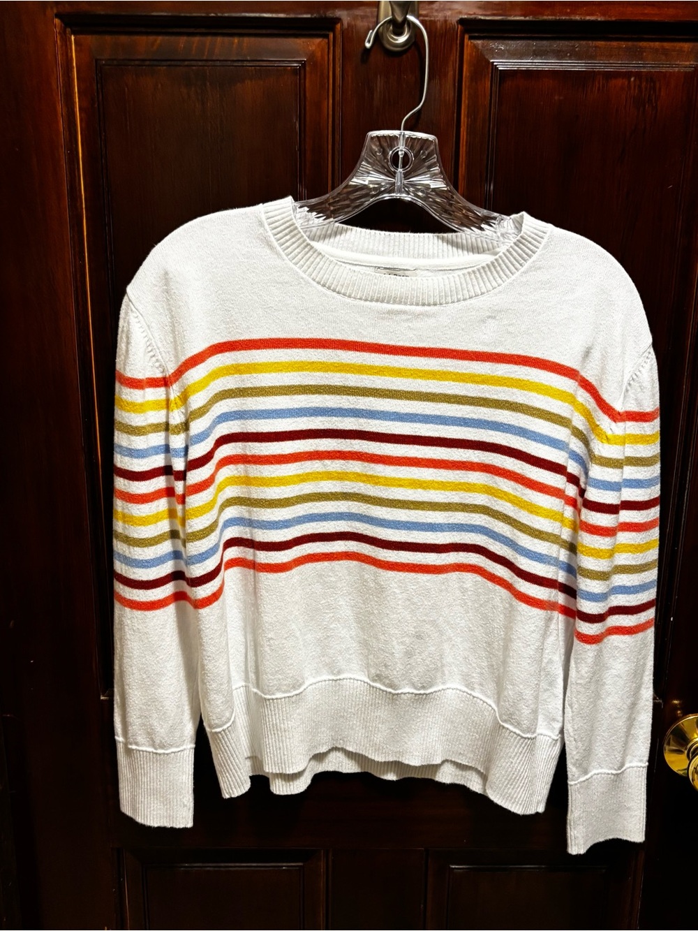 L.L. Bean White Crewneck Sweater with Red, Yellow, Blue and Orange Stripes